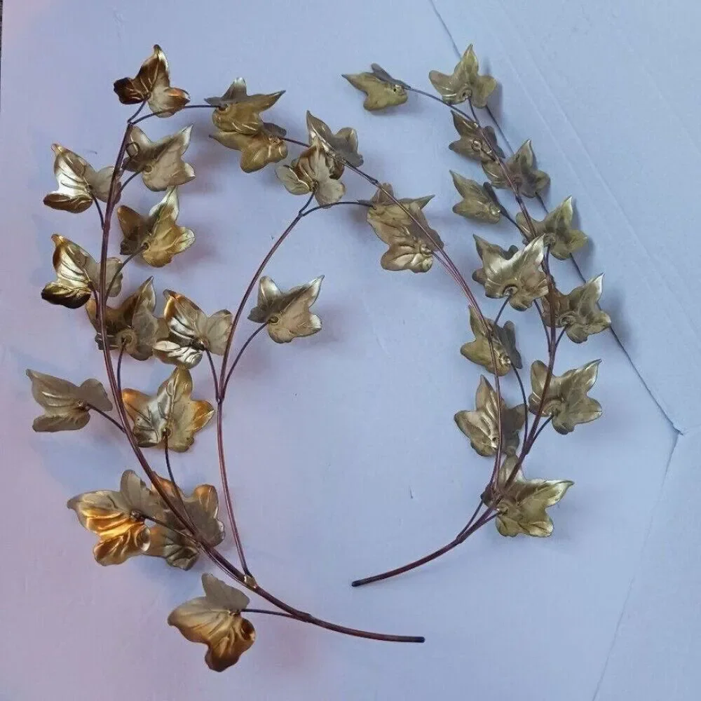 Mid Century 2pcs Gold Tone Metal Ivy Leaf Branches Wall Decor Hanging